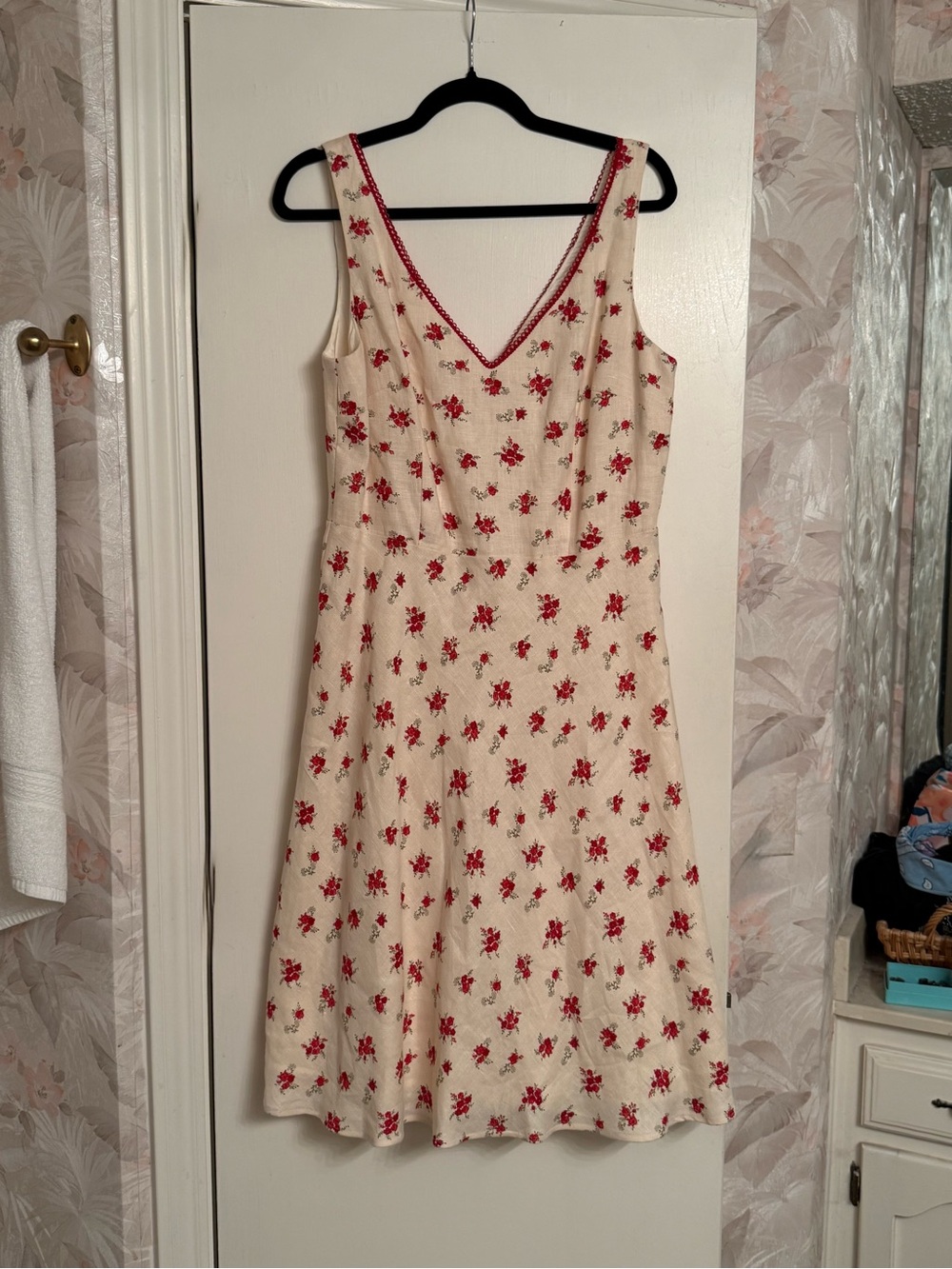 Cream Midi Dress with Red Floral Print